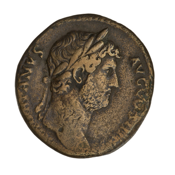 Sestertius of Hadrian (76–138; Roman emperor 117–138). Obverse: Bust of Hadrian with laurel wreath