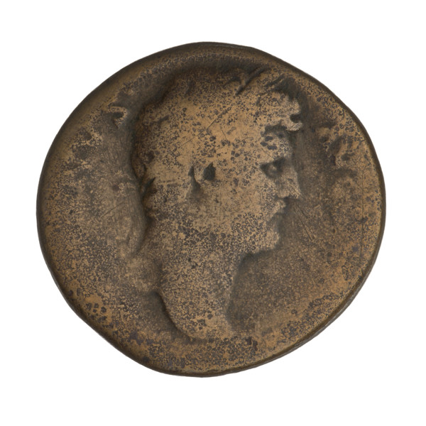 Sestertius of Hadrian (76–138; Roman emperor 117–138). Obverse: Bust of Hadrian with laurel wreath
