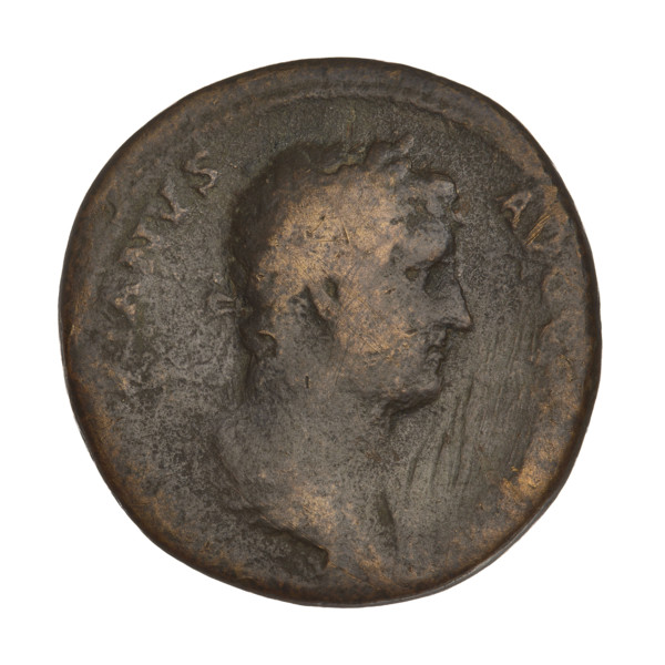 Sestertius of Hadrian (76–138; Roman Emperor 117–138). Obverse: bust of Hadrian facing right in