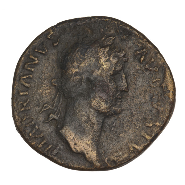 Sestertius of Hadrian (76–138 CE; Roman emperor 117–138). Obverse: laureate bust of Hadrian facing