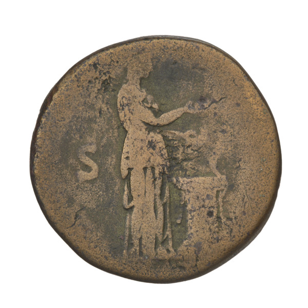 Sestertius of Hadrian (76–138; Roman emperor 117–138). Obverse: head of Hadrian with laurel wreath