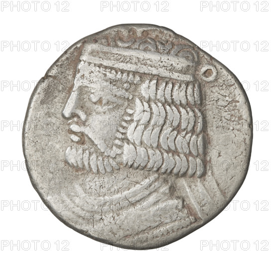 Tetradrachm of Vardanes II (55–58 CE). Obverse: bust of Vardanes II wearing a diadem, facing left.