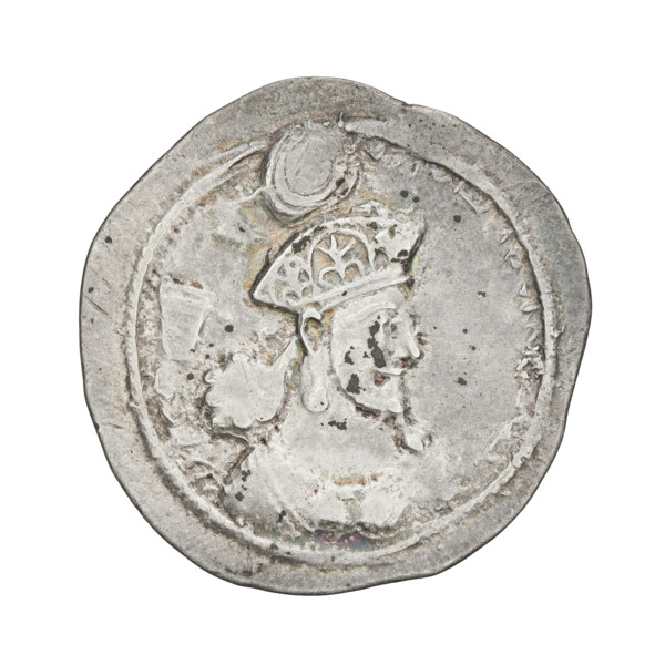 Drachma of Shapur III (ruler of Persia; 383–388). Obverse: Bust of Shapur III facing right; wearing