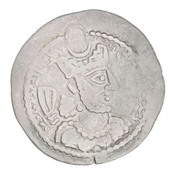 Drachma of Bahram V (ruler of Persia; 420–438). Obverse: bust of Bahram V facing right; he wears a