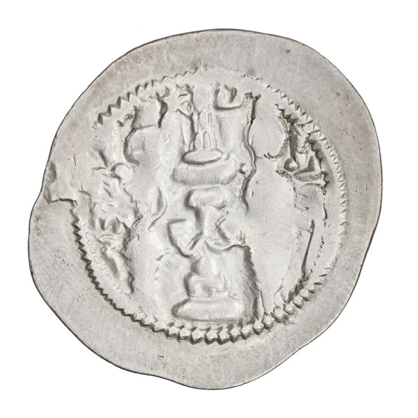 Drachma of Hormizd IV (r. 579–590). Obverse: bust of Hormizd IV facing right, wearing a crown and a