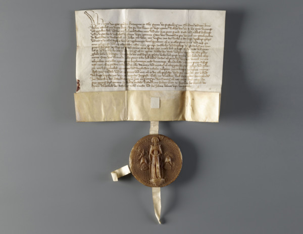 Majestic wax seal attached to a document belonging to Agnieszka (Duchess of Swidnica; reign