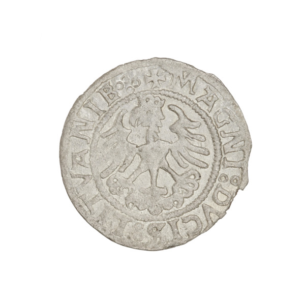 Lithuanian half-grosz, Sigismund I the Old (King of Poland; 1506–1548). Obverse: Pogon (Lithuanian