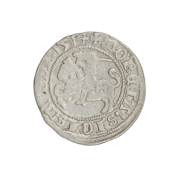 Lithuanian half-grosz, Sigismund I the Old (king of Poland; 1506–1548). Obverse: Pogon turned left;