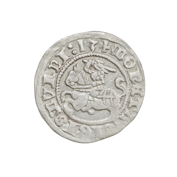 Lithuanian half-grosz, Sigismund I the Old (king of Poland; 1506–1548). Obverse: Pogon (Lithuanian