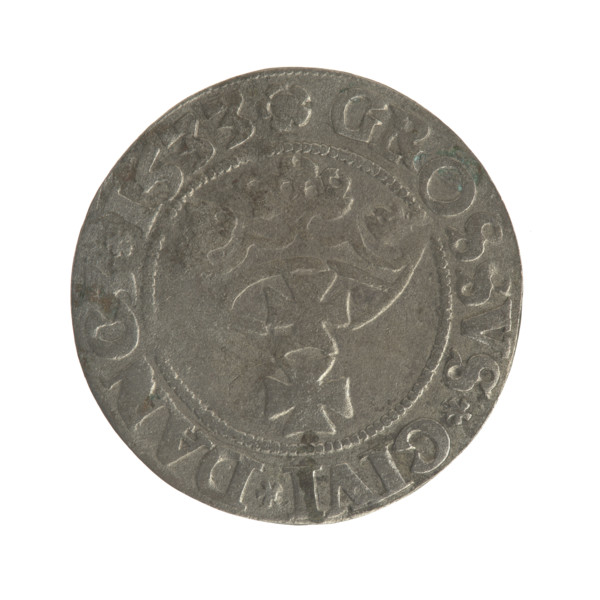 Gdansk grosz, Sigismund I the Old (King of Poland; 1506–1548). Silver coin (grosz), 1533. Obverse: