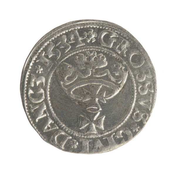 Gdansk grosz, Sigismund I the Old (King of Poland; 1506–1548). Silver coin (1534). Obverse: Crowned