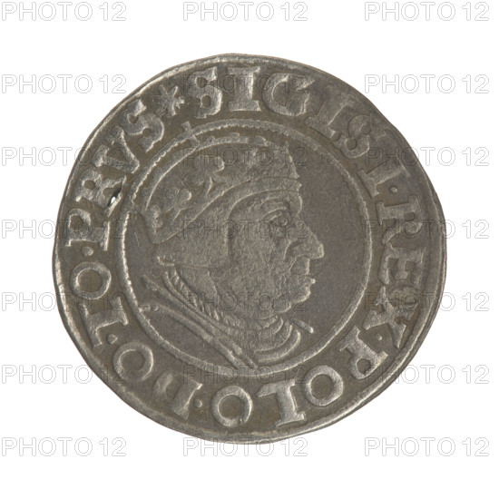 Gdansk grosz, Sigismund I the Old (King of Poland; 1506–1548). Silver coin (grosz). Obverse: