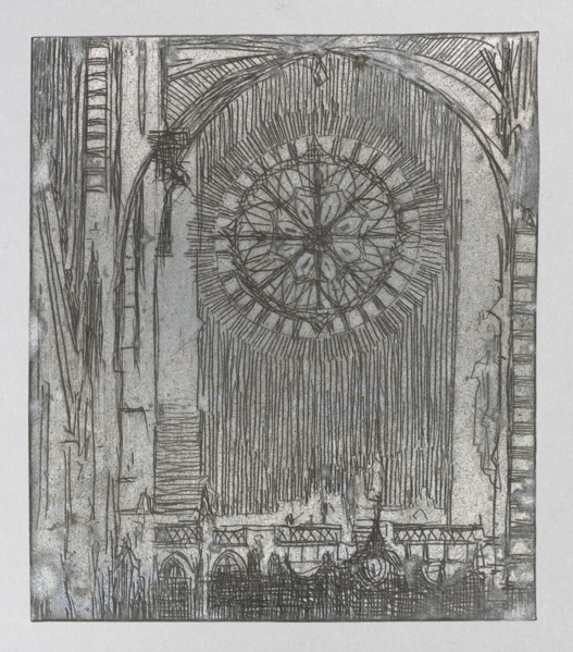 Gothic interior with a rosette; Feliks Jablczynski (1865–1928), graphic artist; church interior