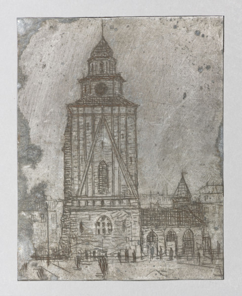 Town hall tower in Krakow with neo-Gothic guardhouse, Jablczynski, Feliks (1865–1928), graphic