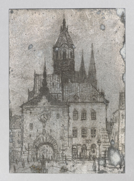 City view inspired by Polish architecture; Feliks Jablczynski (1865–1928), graphic artist; tenement