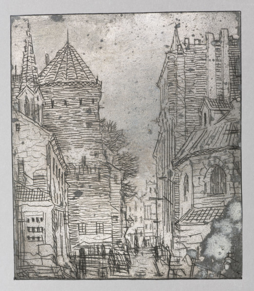 A street in a medieval town; Feliks Jablczynski (1865–1928), graphic artist; tenement houses;