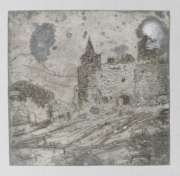 Landscape with a fortified castle on a hill; verso: Fragment of a wall with a pointed-arch door.