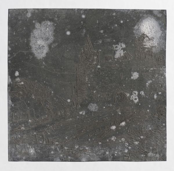 Landscape with a fortified castle on a hill; verso: Fragment of a wall with a pointed-arch door.