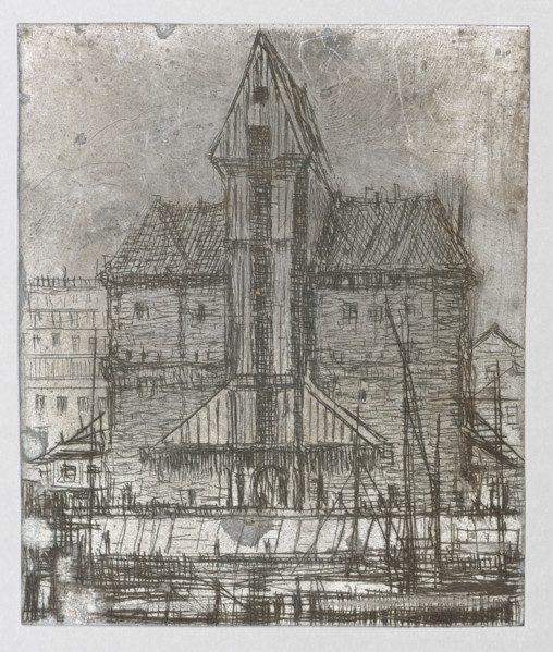 Naturalists' House in Gdansk; verso: Crane in Gdansk. Jablczynski, Feliks (1865–1928), graphic