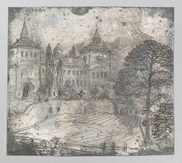 View of an impressive building with a corner tower; Feliks Jablczynski (1865–1928), Polish graphic
