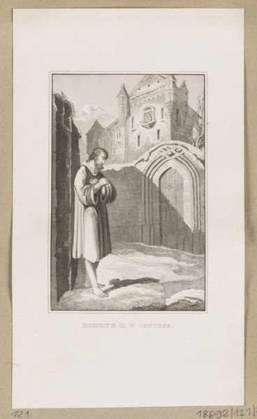 Henry IV in Canossa, illustration, 1853–1857. Steel engraving, graphic print, album; 13.6 × 9.1 cm.