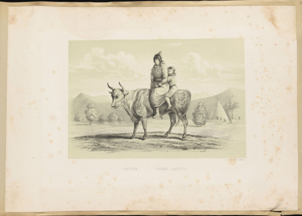 Yakut woman with a child riding an ox. Lithograph after a drawing by Leopold Nemirovsky