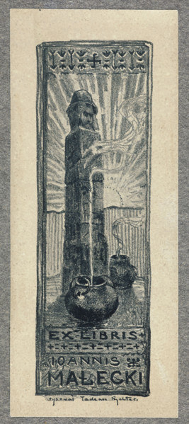 Jan Malecki's bookplate Swiatowid in front of whom smoke rises from two vessels. In the background