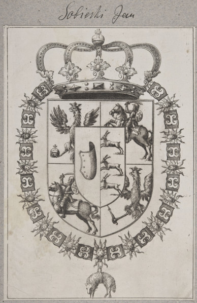 Coat of arms of Jakub Ludwik Sobieski, the so-called Bookplate of Jan III Sobieski. Five-field coat