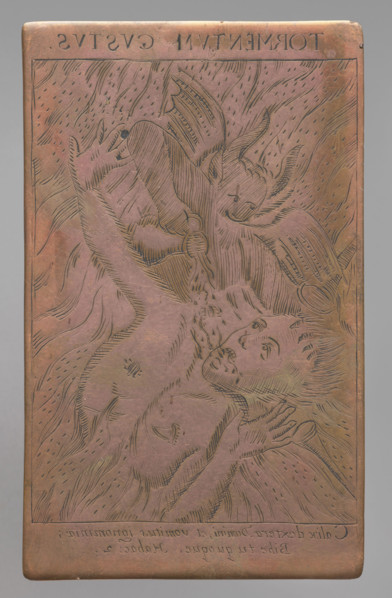Recto: Martyrdom of the Soul in Hell 'Tormentum gustus'; verso: partially blurred emblematic