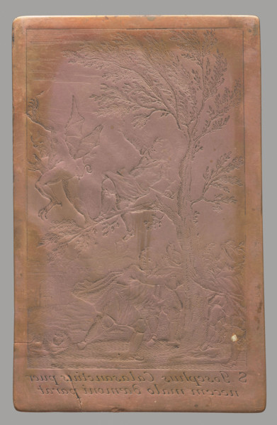 Recto: Saint Joseph Kalasanty prepares the fall of the demon. Verso: Fragment of an inscription in