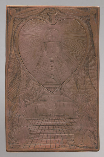 Angels adoring the Blessed Sacrament. The engraving depicts a chalice with a host within rays