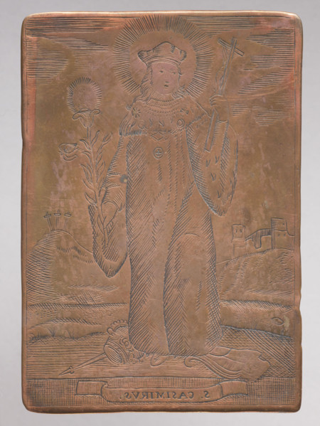 Saint Casimir. Figure of a standing saint with a cross and a lily in his hands, a biretta on his