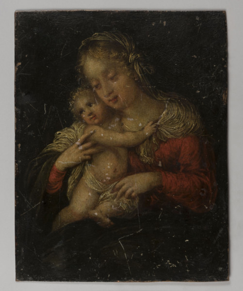 Coat of arms of the Petershausen monastery (recto); Image of Madonna and Child (verso). Monogramist