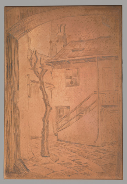 Yard with a dead tree; graphic artist; trees; urban courtyards; tenement houses; Polish graphics;