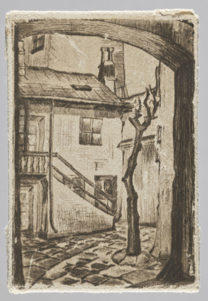 Yard with a dead tree; graphic artist; trees; urban courtyards; tenement houses; Polish graphics;