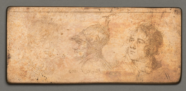 Three heads next to each other, the middle one of a knight in a helmet; men, physiognomic studies,