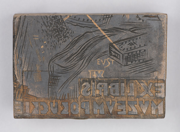 Józef Starzynski bookplate; verso: fragment of another crossed-out bookplate cut into two parts