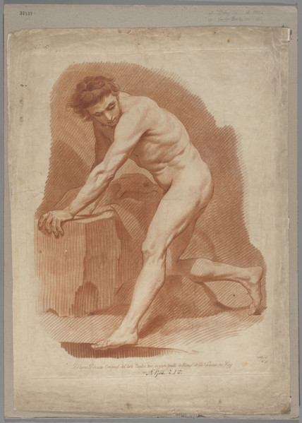 Study of a nude man, kneeling on one knee, the other leg stretched out to the side. Drawn/engraved