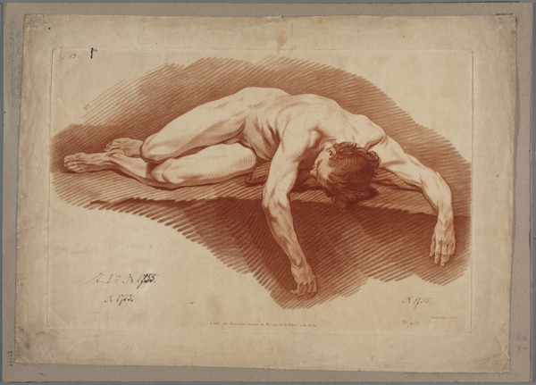 Study of a Reclining Male Nude. After a drawing by Carle van Loo (1705–1765); engraving by Gilles