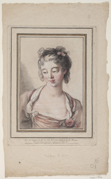 Bust of a young woman looking down, with a rose by her low-cut dress. Composition in a gold frame