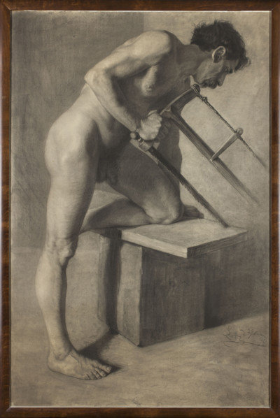 Male nude leaning in the pose of sawing a board; Ignacy Lopienski (1865–1941); studies from models;