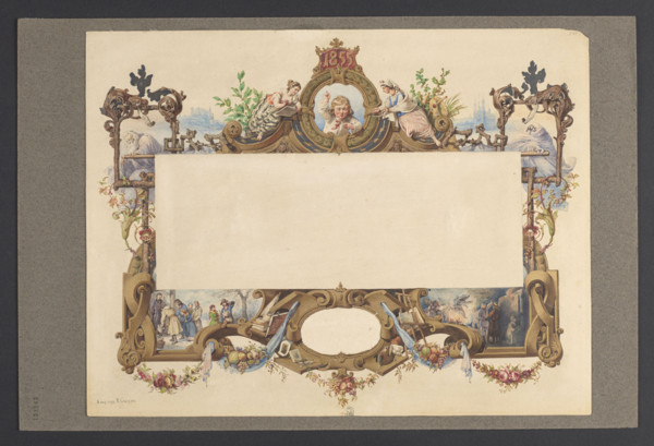 Frame for a wall calendar for 1855; Wojciech Gerson (1831–1901), draughtsman; flowers, garlands