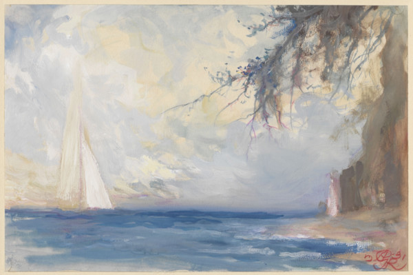 Seaside landscape with a sailboat, Antoni Gawinski (1876–1954), painter; Ignacy Jan Paderewski