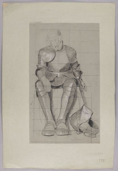 Seated Knight, Thoma, Hans (1839-1924), draughtsman, knights, studies for paintings, 1885, Germany,