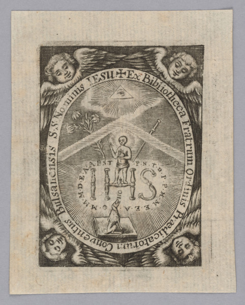 Graphic artist; angel heads; allegorical-symbolic bookplate; religious bookplate; lilies; Eye of