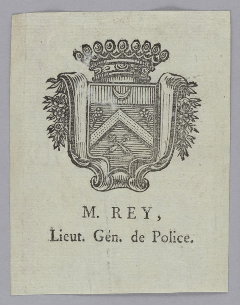 M. Rey bookplate with flowers and plant ornaments, heraldic-text bookplate featuring coat of arms