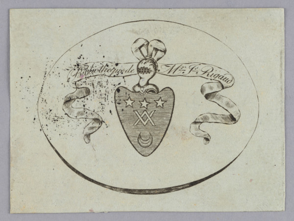 Bookplate of the Rigaud family; heraldic bookplate with coat of arms featuring stars, heraldic