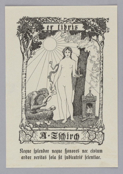 Two figures in a landscape: in the center, a standing nude woman with flowing hair (Veritas)