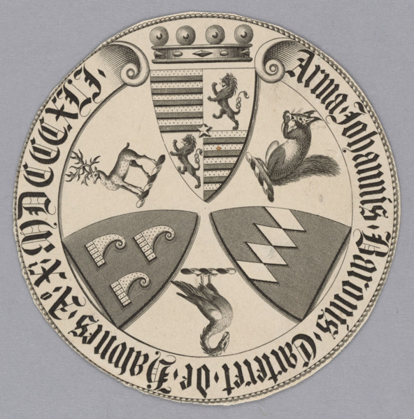 Bookplate in the form of an oval. Three coats of arms arranged concentrically, with animals (a
