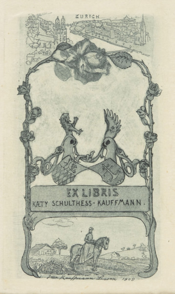 Ex libris of Kaeta Schultess-Kauffmann; artist: Kauffmann, Jean (1866–1924). Heraldic-text